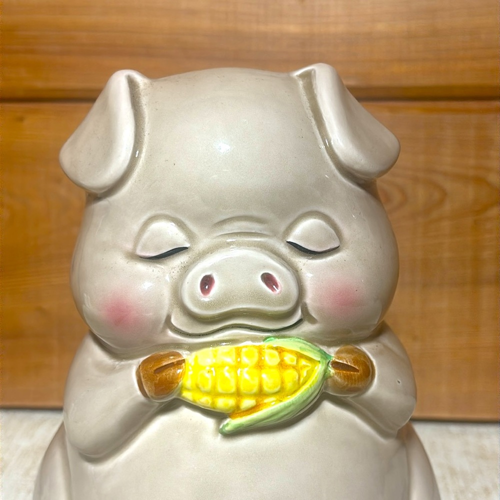 Lefton Gray Ceramic Pig eating Corn